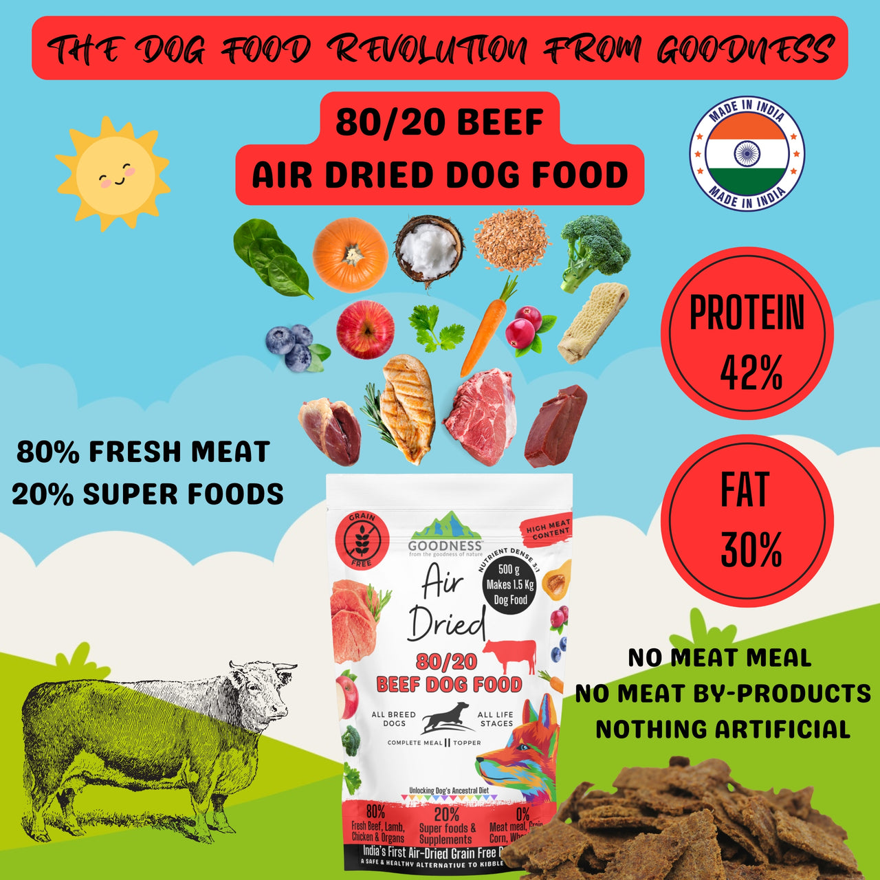 80/20 Beef Air Dried Dog Food - Grain Free, Natural, High Protein & Fat, All Breeds & All Life Stages